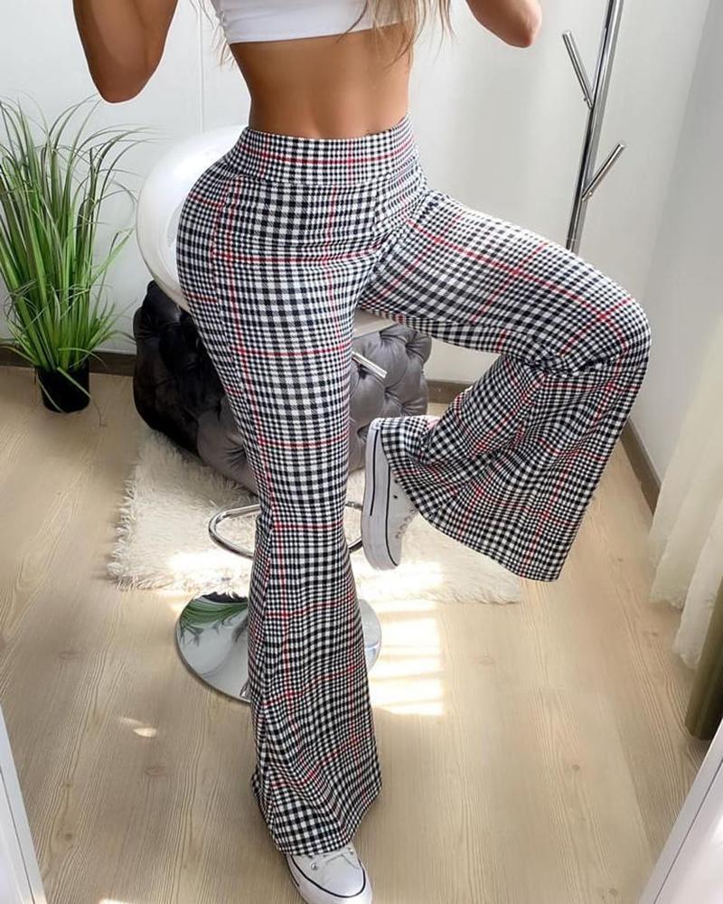 

High Waist Plaid Print Flared Pants, Gray