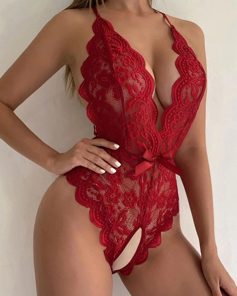 

Crisscross Backless Embroidery Lace Crotchless Teddy, Wine red