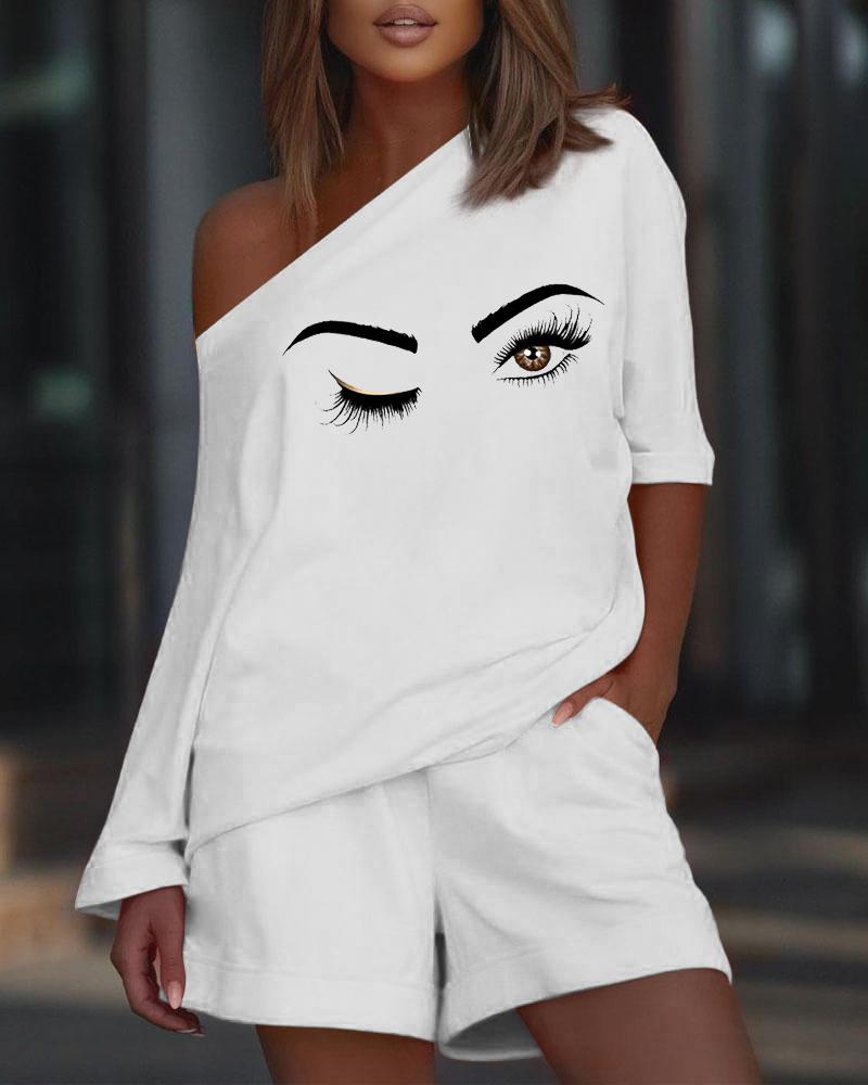 

Eyes Print Casual Top & Shorts Set, White