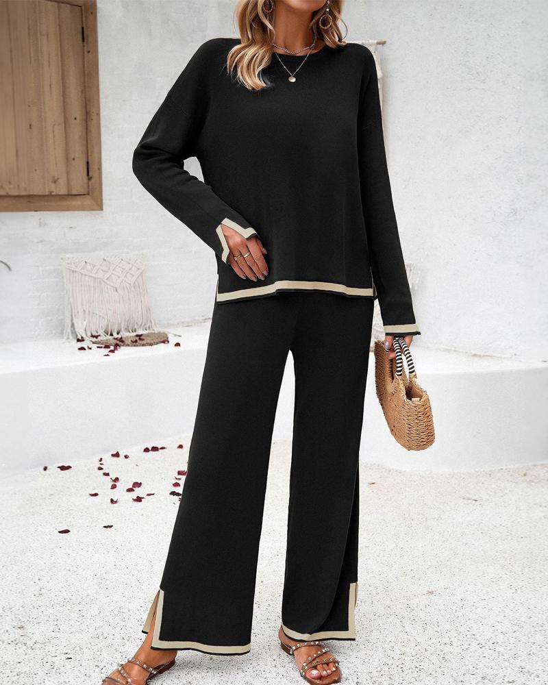 

2PCS Round Neck Long Sleeve Slit Top & Straight Leg Pants Set, Black