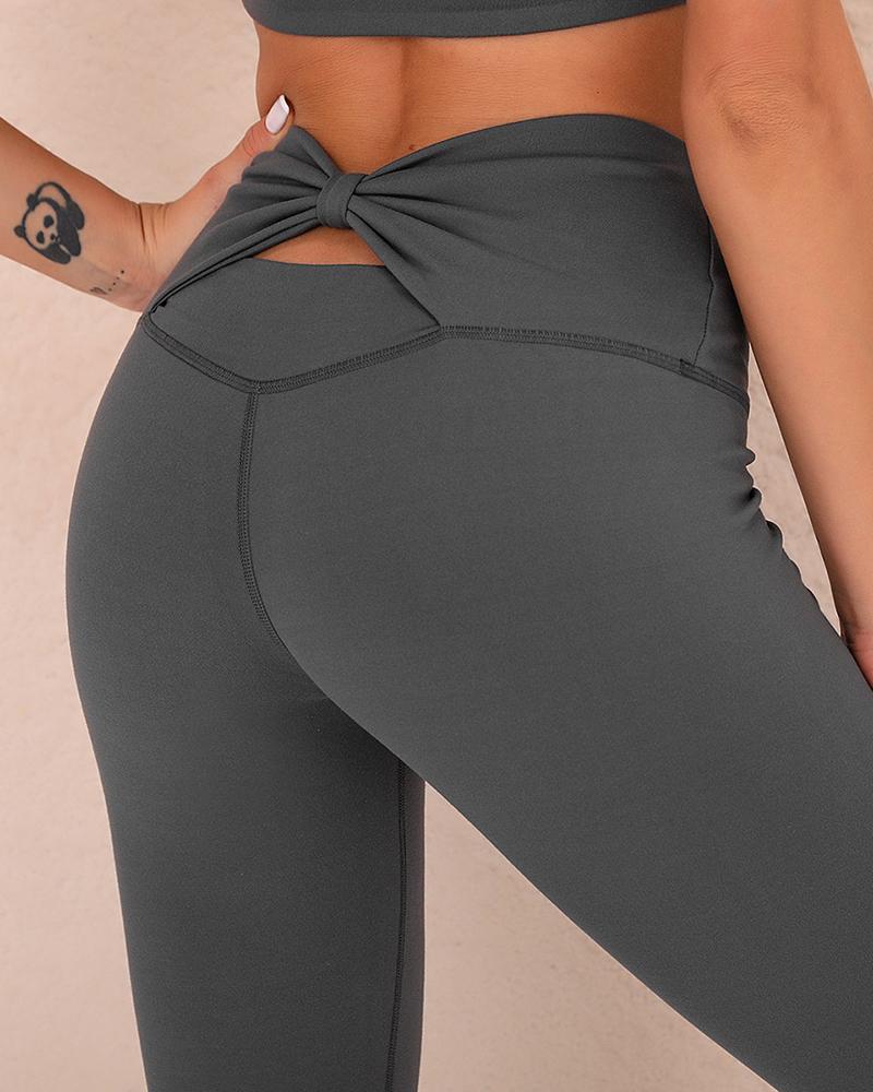 

Bowknot Design Cutout Butt Lifting Active Pants, Gray