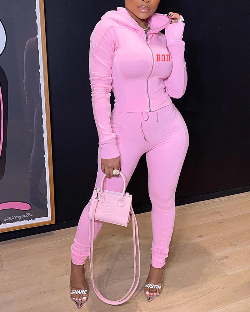 

Letter Print Long Sleeve Hooded Zip Up Top & Pants Set, Pink