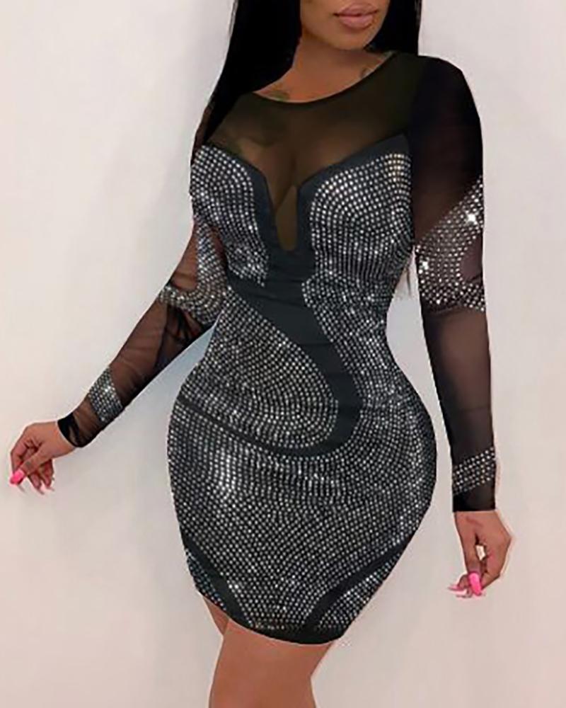 

Rhinestone Decor Long Sleeve Sheer Mesh Bodycon Dress, Silver
