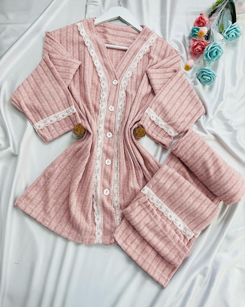 

Ensemble pyjama 2 pièces à col en V, haut boutonné en dentelle et pantalon droit à taille élastique, style décontracté à rayures texturées, Pink