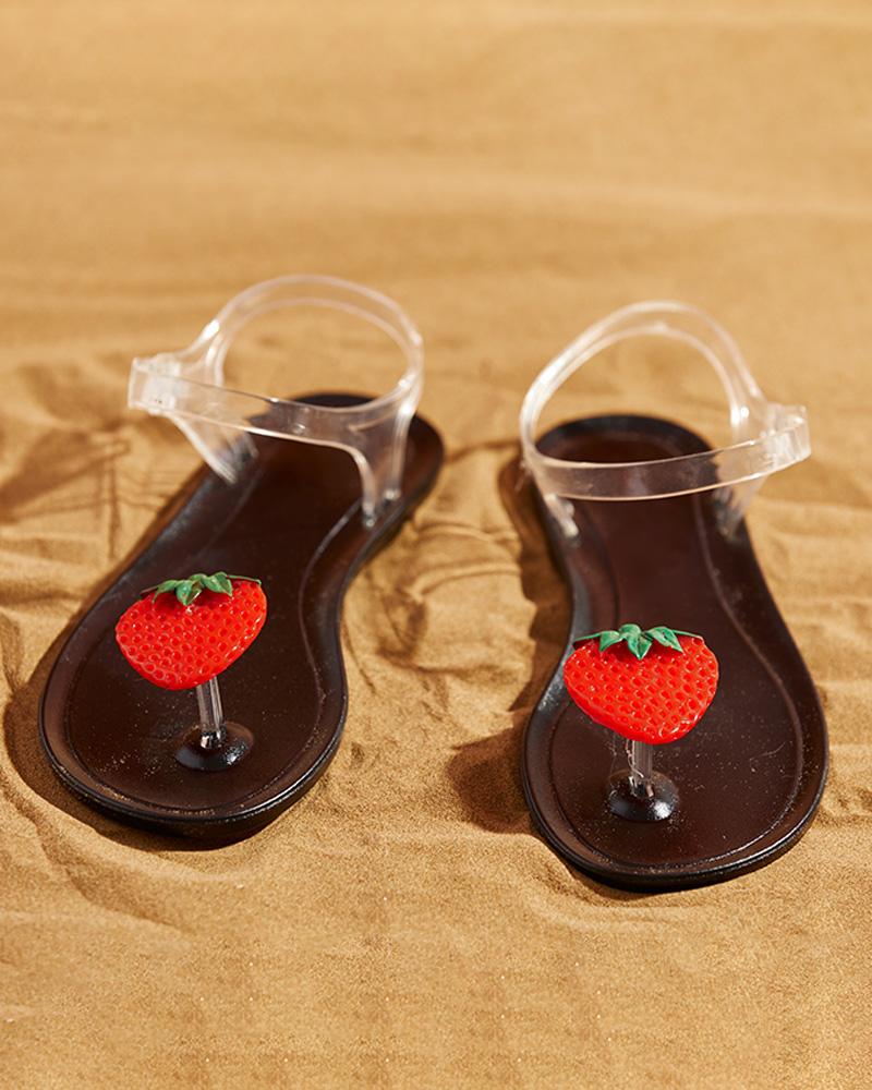 

Strawberry Pattern Clear Strap Flat Sandals, Black