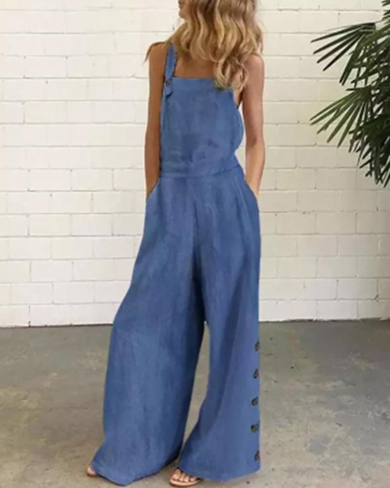 

Button Decor Pocket Design Wide Leg Jumpsuit, Blue