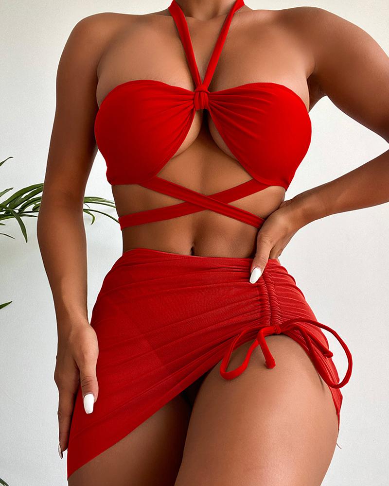 

3PCS Ruched Halter Bikini Set With Cover Up, Red