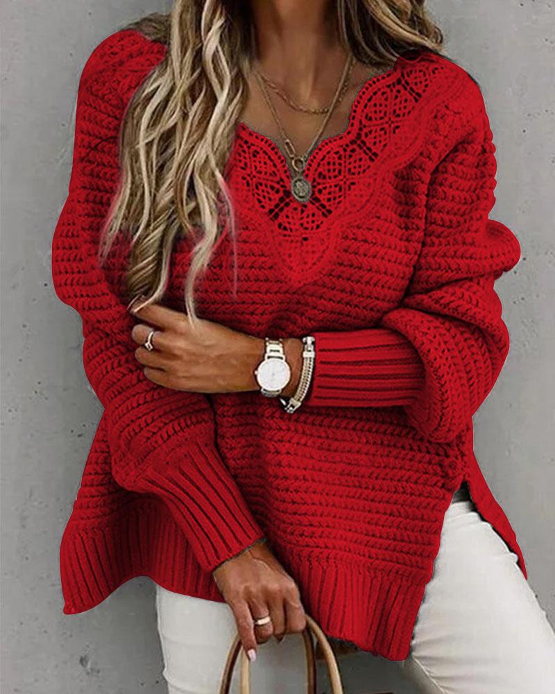 

Contrast Lace Split Hem Long Sleeve Sweater, Red