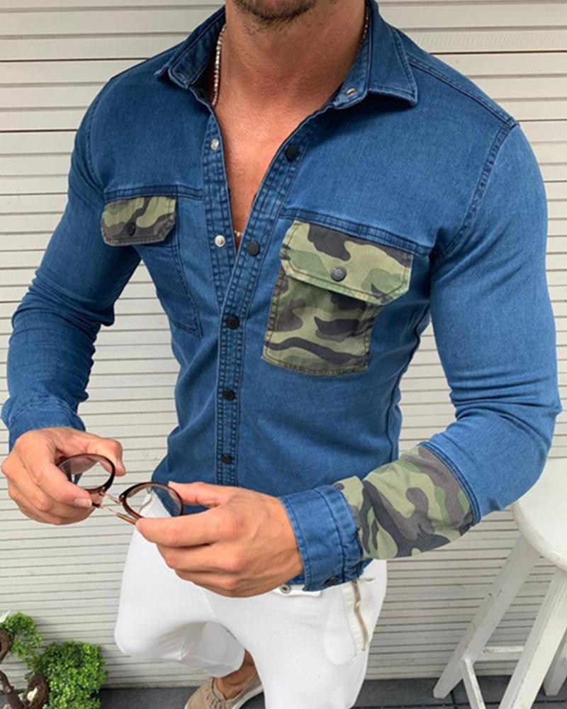 

Solid Color Splicing Camouflage Print Long Sleeve Jacket T-shirt, Blue