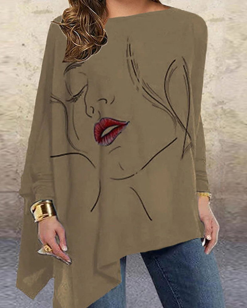 

Plus Size Figure Print Asymmetrical Long Sleeve Top, Coffee