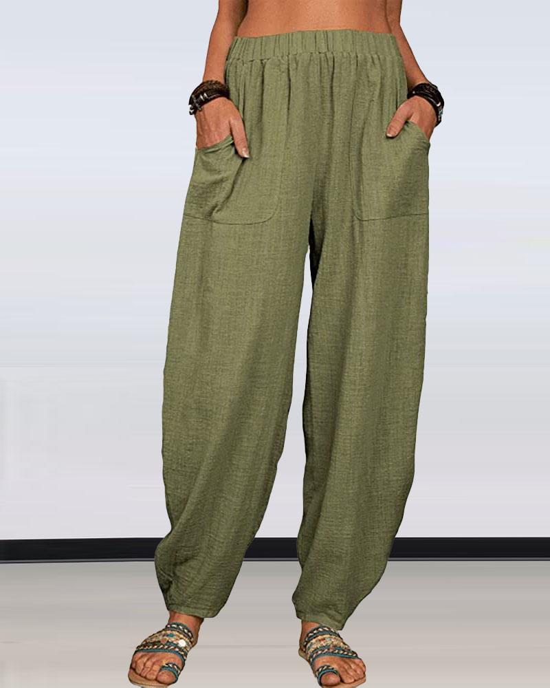 

Pocket Detail Elastic Waist Casual Pants, Green