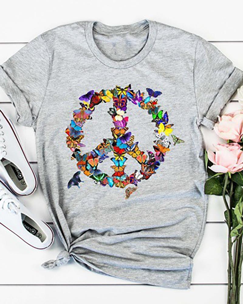 

Butterfly Print Short Sleeve Casual T-shirt, Gray