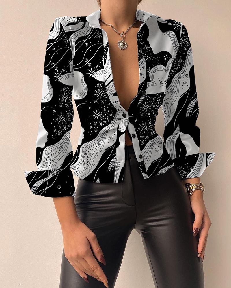 

Abstract Print Button Front Long Sleeve Shirt, Black