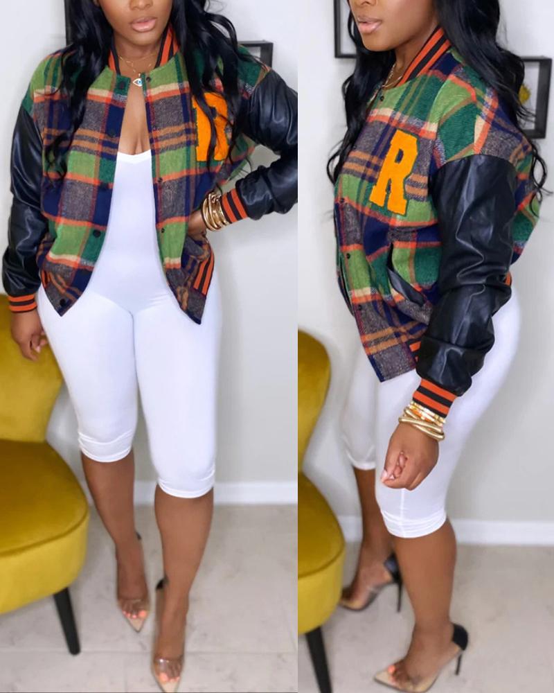 

Plus Size Plaid Print Letter Patch Long Sleeve Bomber Jacket, Green