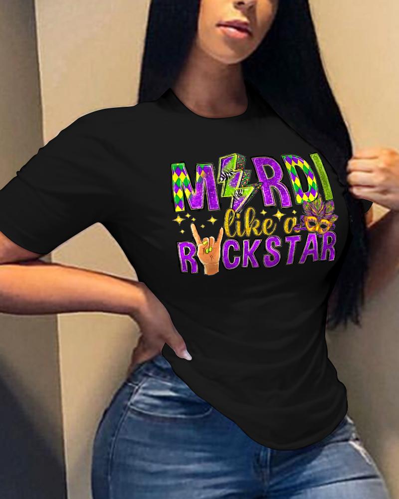

Mardi Like A Rock Star Print Casual T-shirt, Black