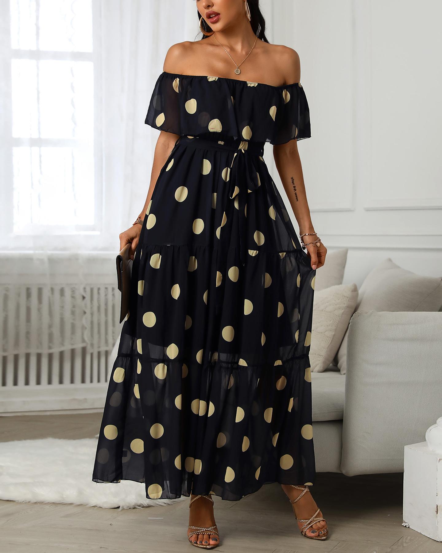 

Polkadot Print Off Shoulder Layered Ruffles Maxi Women Dress, Black
