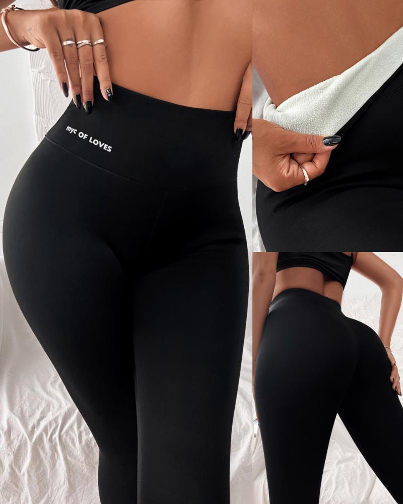 

Letter Print Thermal Lined High Waist Leggings, Black