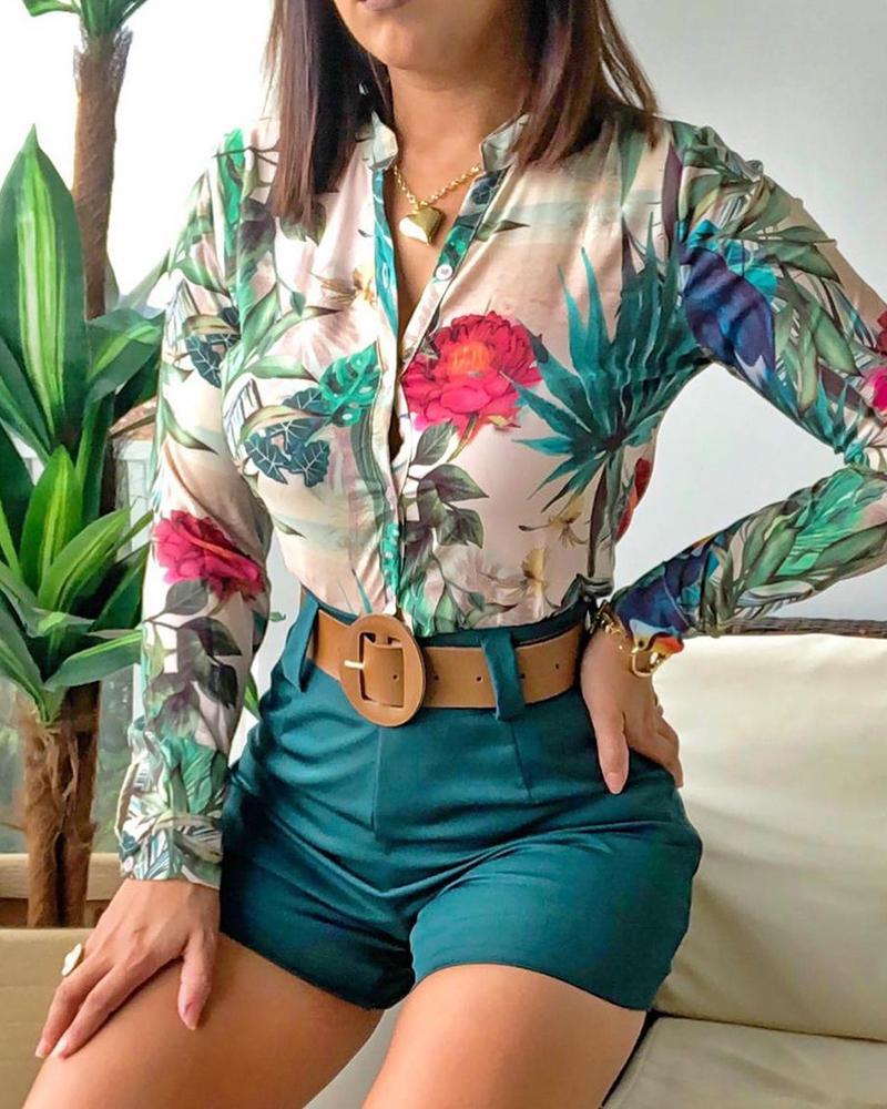 

Tropical Print Long Sleeve Shirt & Shorts Set, Green