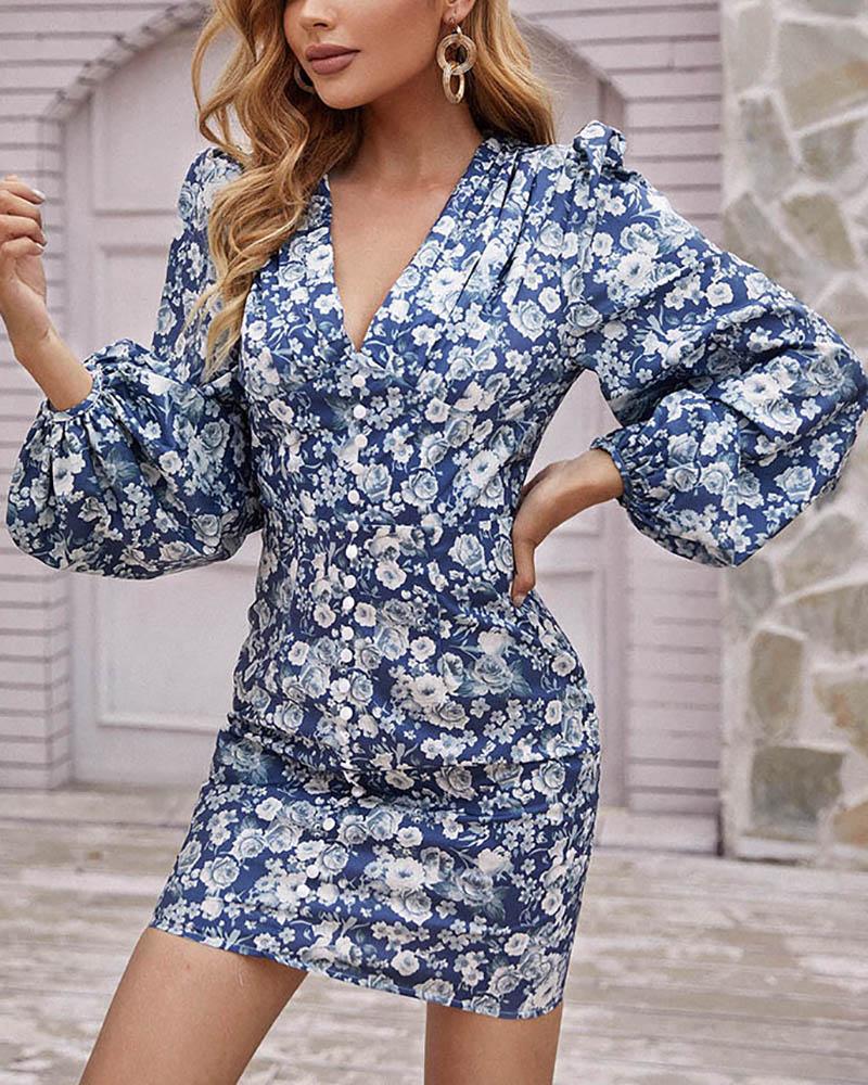 

Floral Print V-Neck Lantern Sleeve Pleated Detail Slim Waist Skinny Dress, Blue