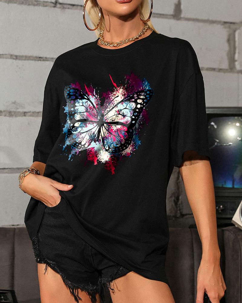 

Multicolor Butterfly Print Short Sleeve T-shirts, Black