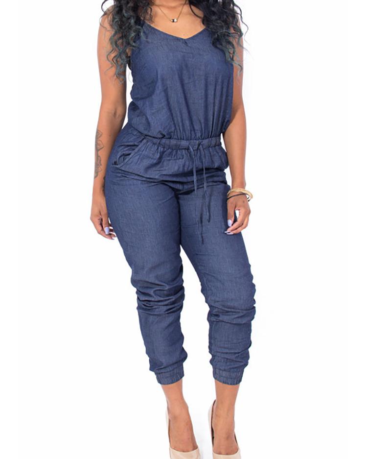 

Sexy Spaghetti Strap Denim Belted Loose Jumpsuit, Blue