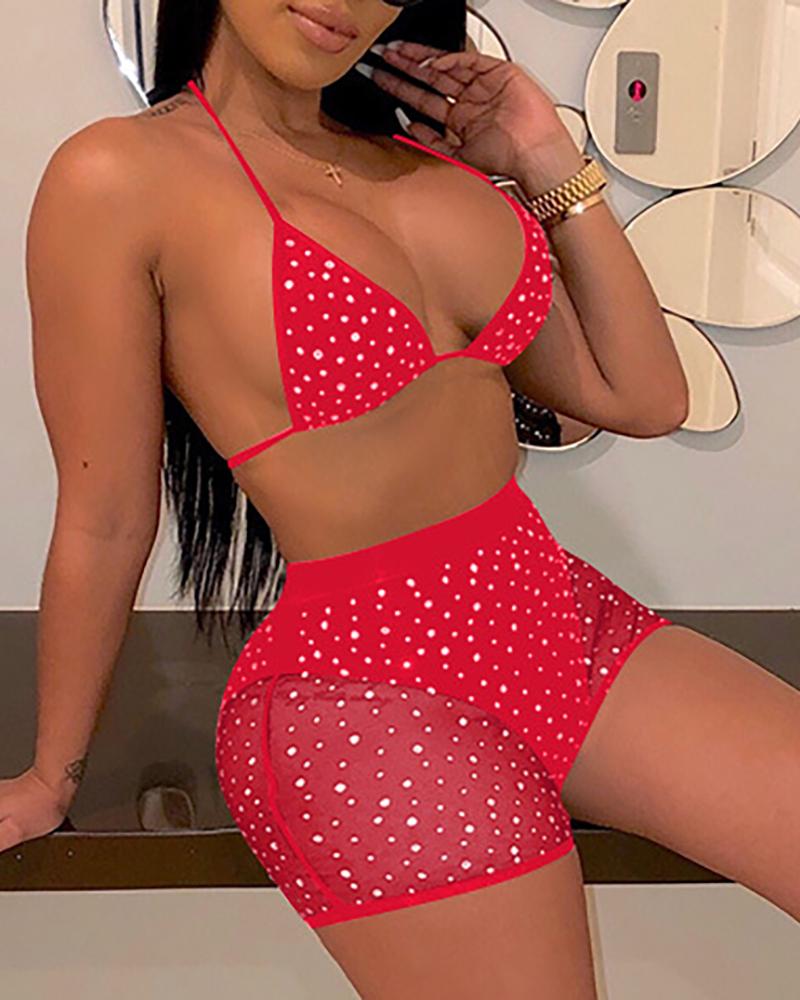 

Halter Sequins Bra & Sheer Mesh Shorts Set, Red