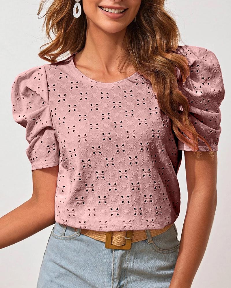 

Eyelet Embroidery Puff Sleeve Top, Pink