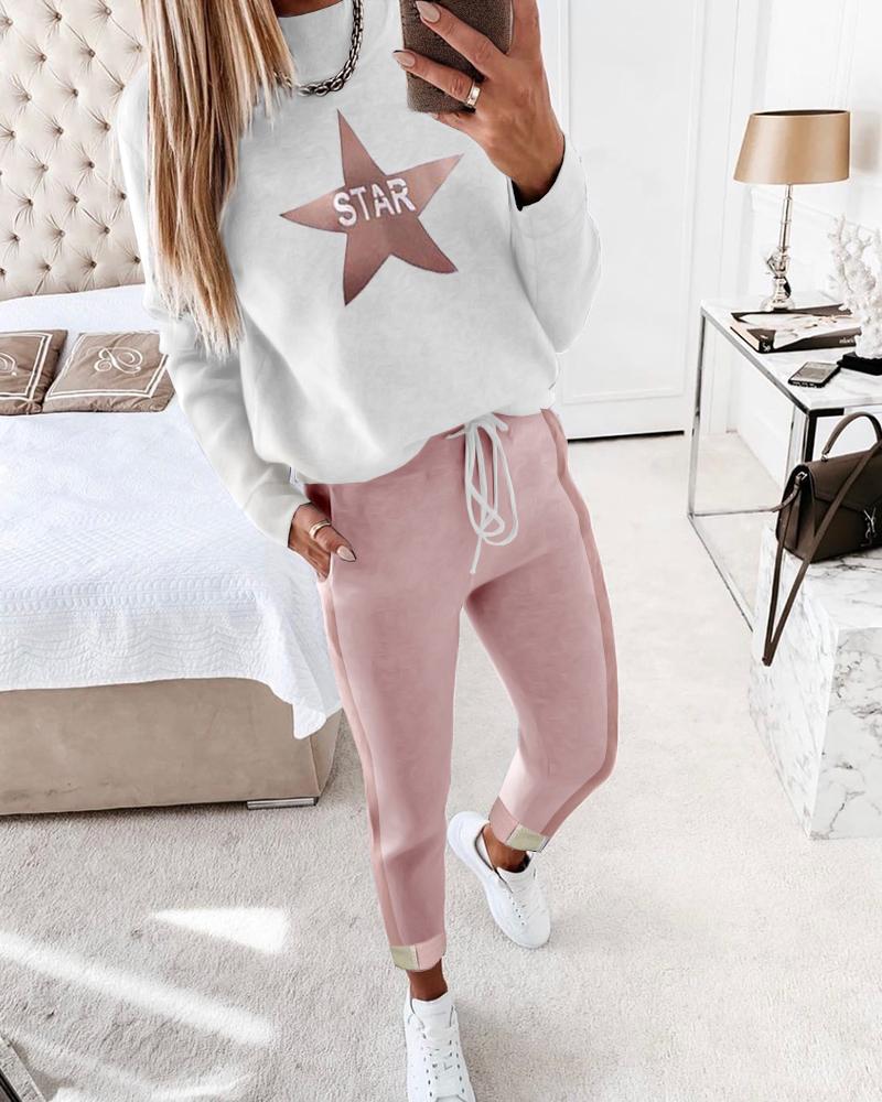 

Star Print Long Sleeve Women Top & Drawstring Waist Pants Set, Pink
