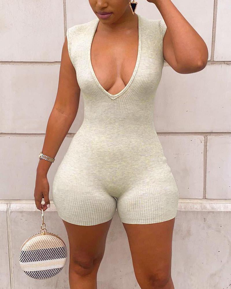 

Sleeveless Plunging Neck Ribbed Romper, Gray