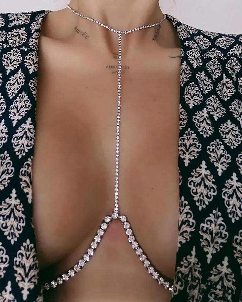 

Halter Rhinestone Decor Bra Body Chain, Silver