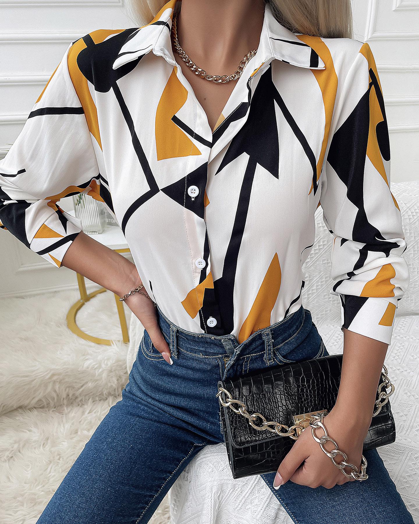 

Geometric Print Long Sleeve Button Up Top, Orange
