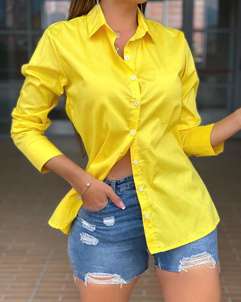 

Turn-down Collar Buttoned Casual Top, Yellow