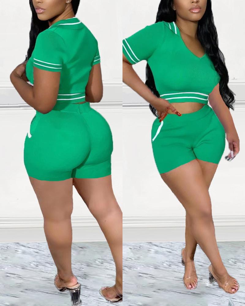 

V-Neck Striped Crop Top & Shorts Set, Green