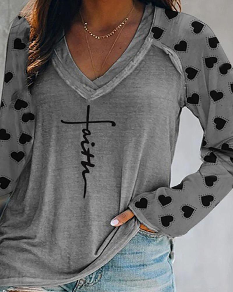

Heart Letter Pattern Print Long Sleeve Top, Gray