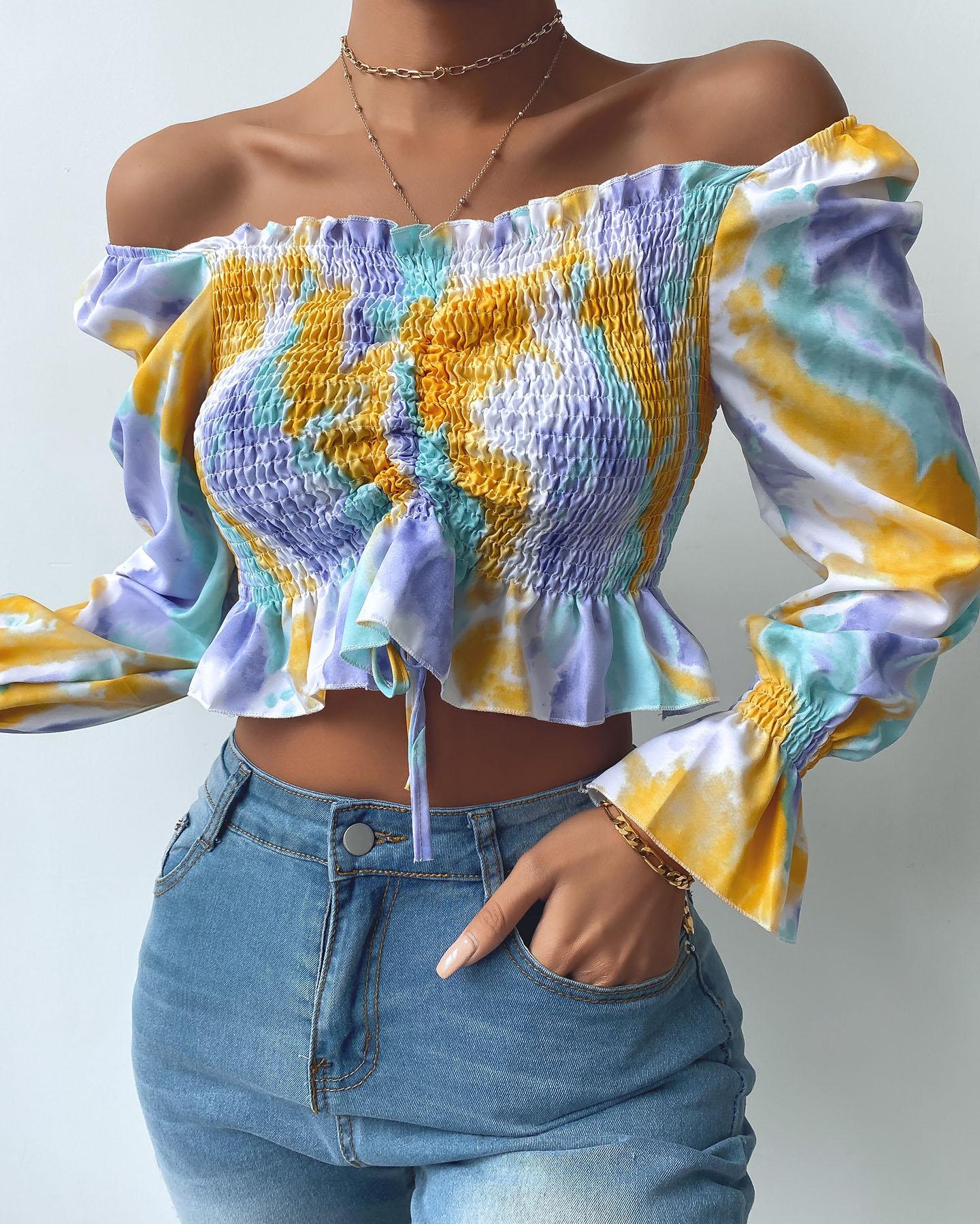 

Tie Dye Print Long Sleeve Ruched Blouse, Yellow