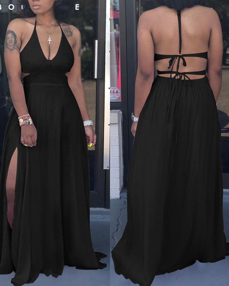 

Halter Backless High Slit Maxi Dress, Black