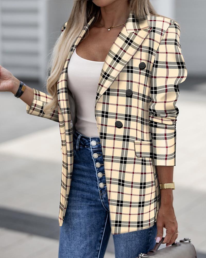 

Plaid Print Long Sleeve Double Breasted Blazer, Apricot