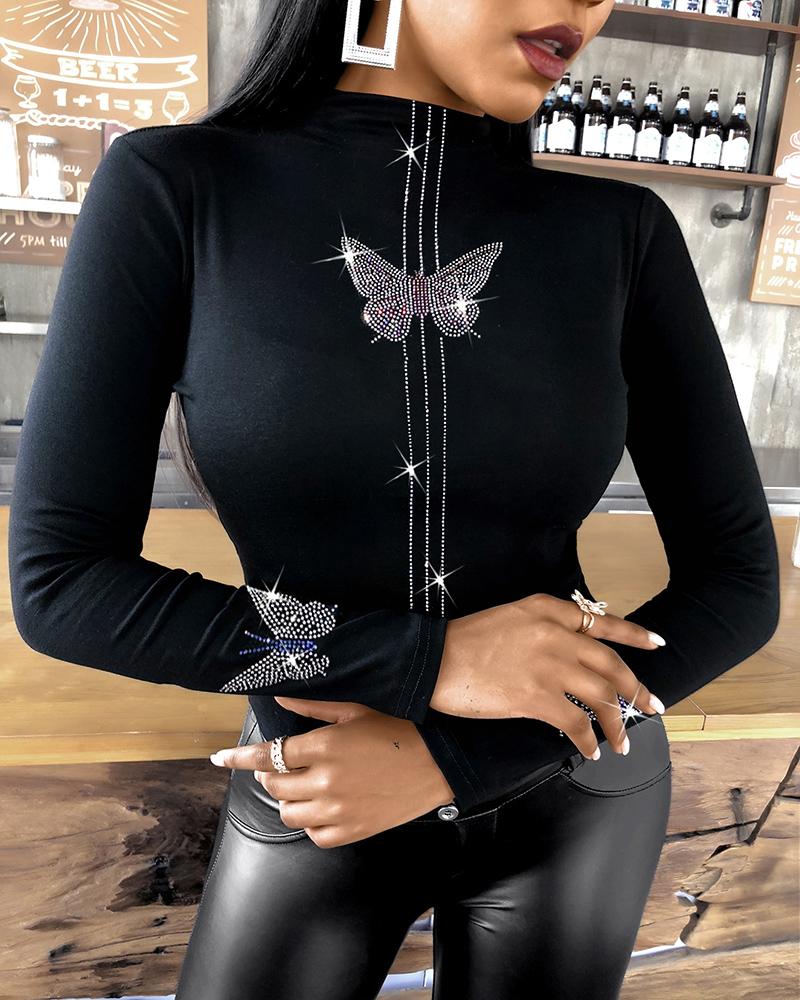

Butterfly Pattern Studded Long Sleeve Blouse, Black