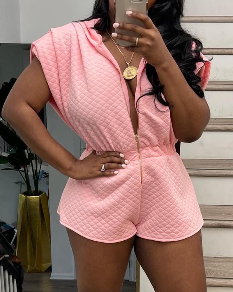 

Plain Zip Front Hooded Romper, Pink