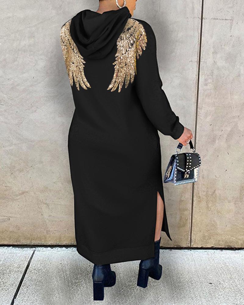 

Plus Size Sequin Angle Wings Pattern Hooded Sweatshirt Dress, Black