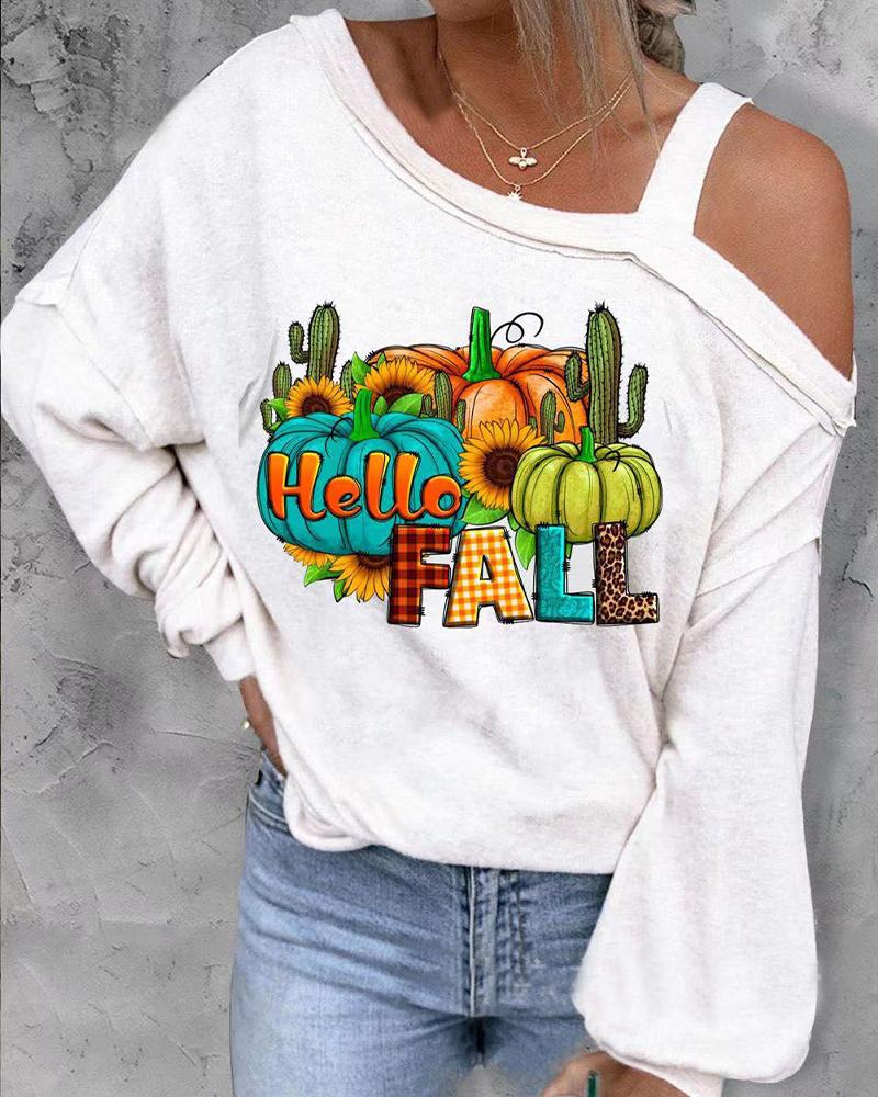 

Halloween Pumpkin Print Cold Shoulder Top, White