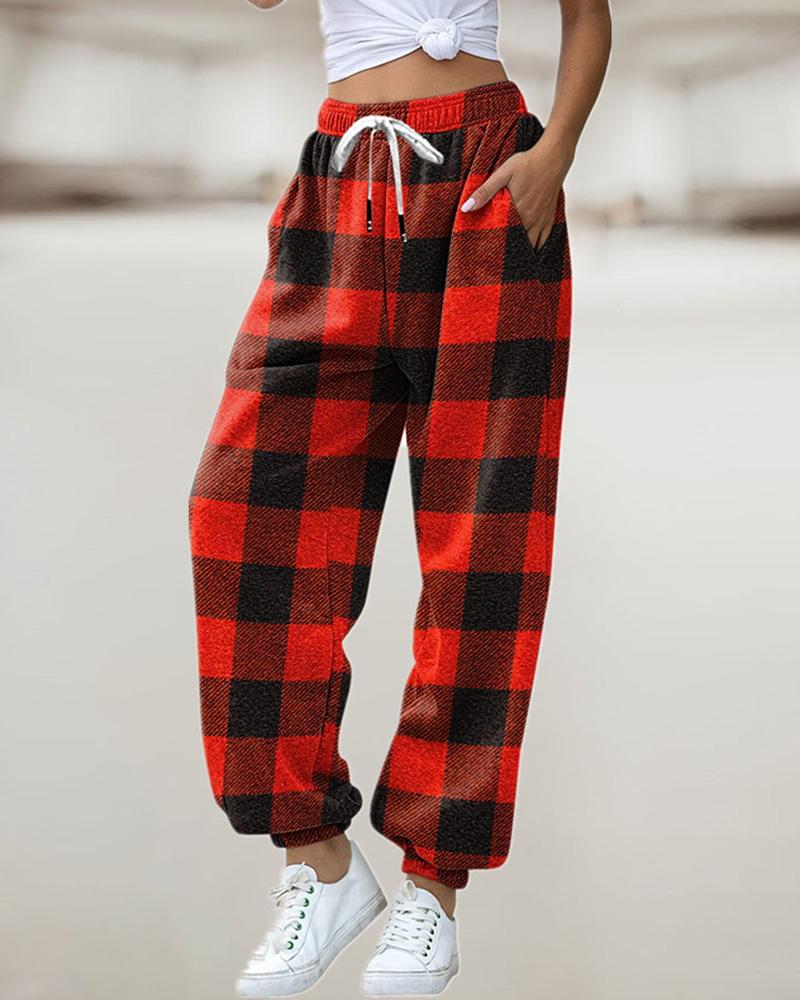 

Plaid Print Pocket Design Drawstring Sweatpants, Red