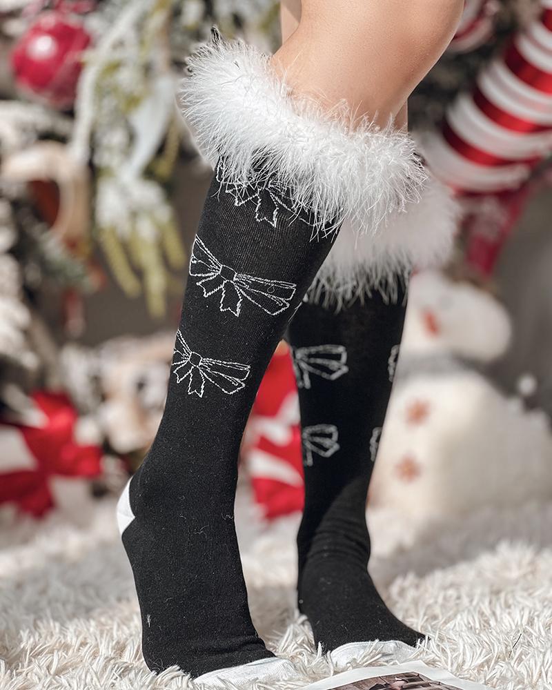 

1Pair Bowknot Decor Feather Detail Socks, Black