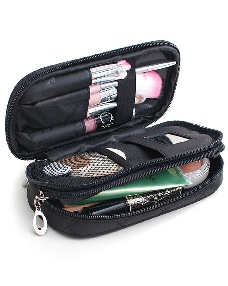 

Multi-Functional Double Layer Cosmetic Organizer Waterproof Makeup Bag With Mirror Hold Brushes, Black