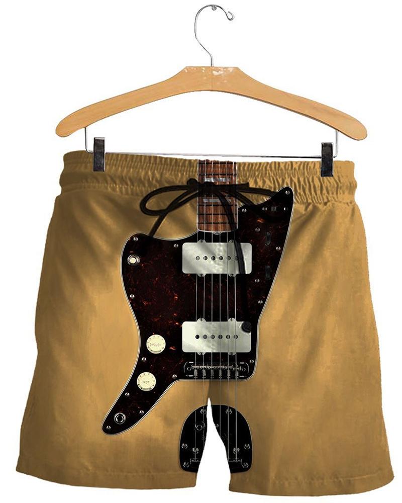 

3D Guitar Print Drawstring Short Pants, Multicolor