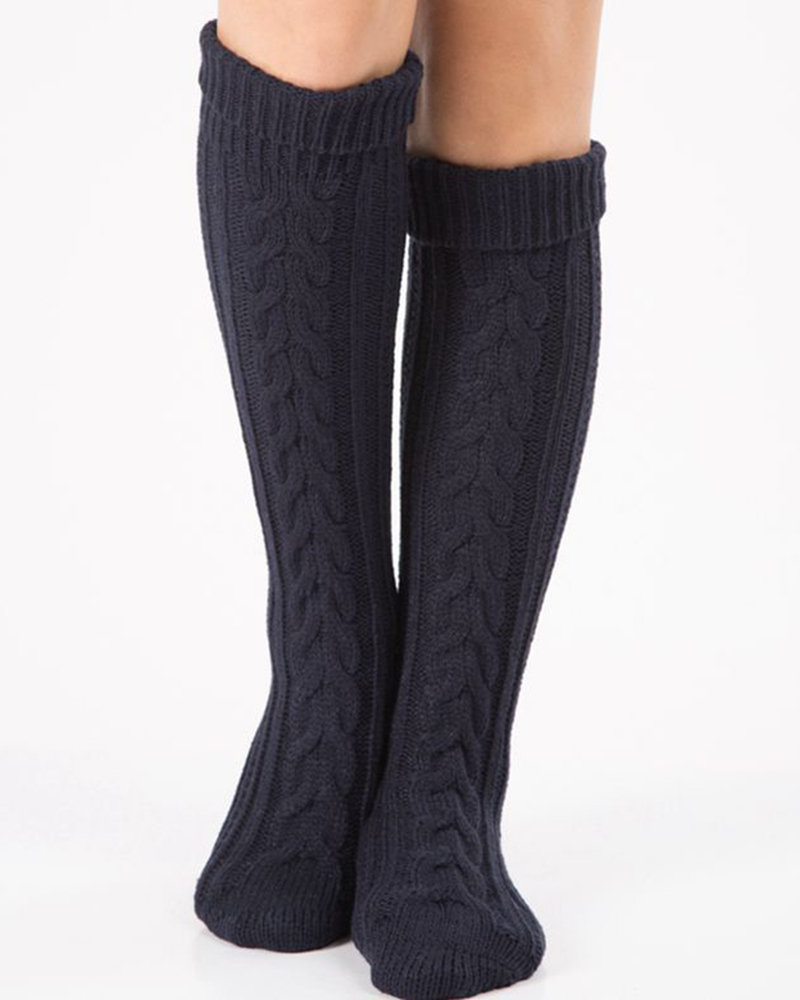 

Cable Knit Over The Knee Floor Winter Socks, Purplish blue