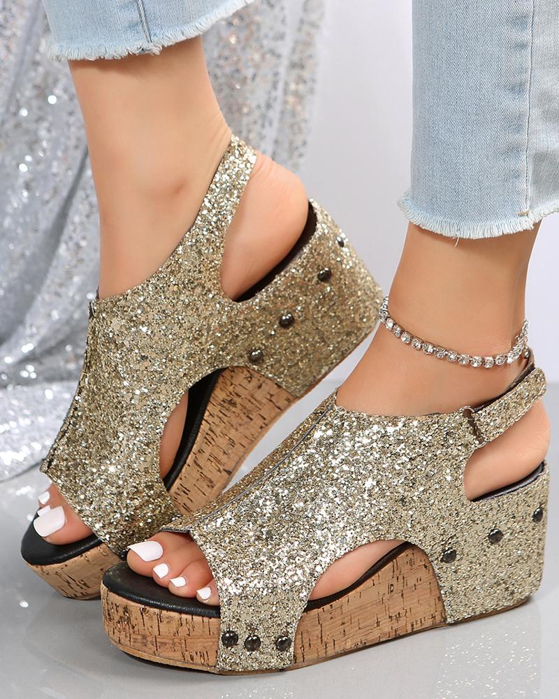 

Slingback Peep Toe Glitter Wedge Sandals, Gold