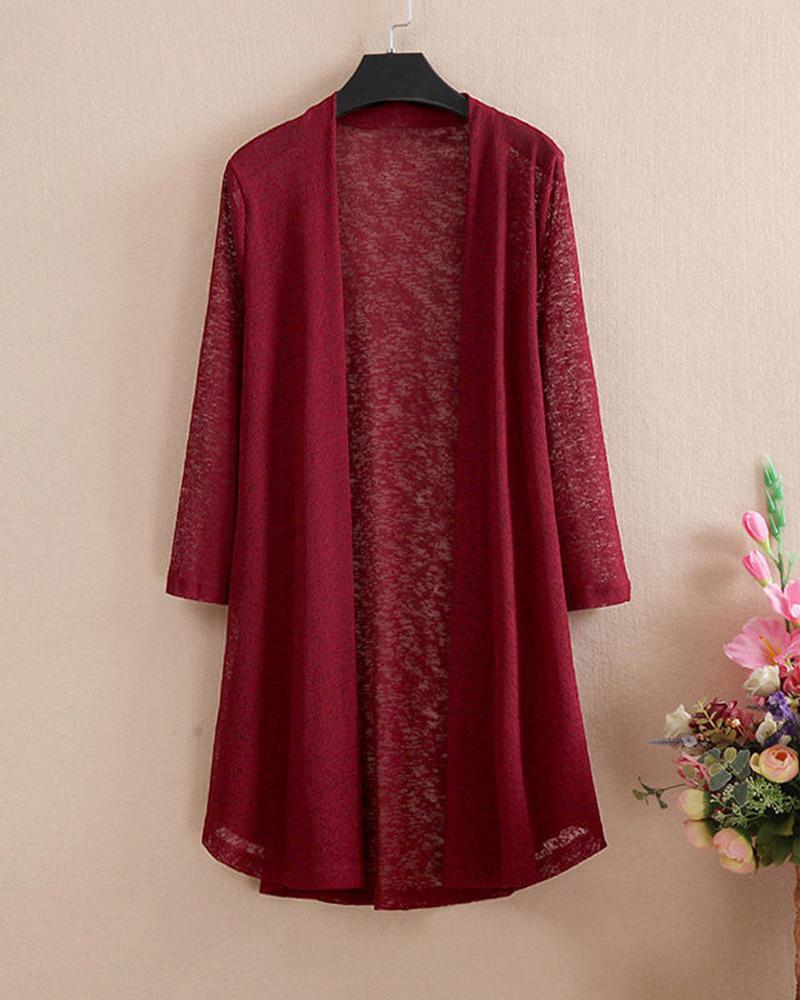 

Plus Size Long Sleeve Open Front Top, Wine red