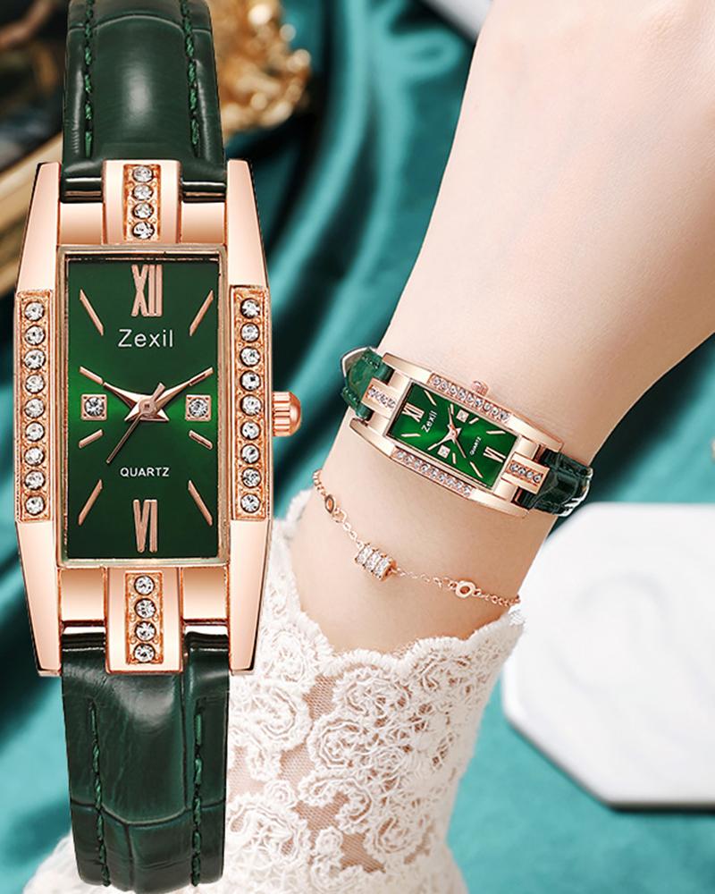 

Rhinestone Decor Rectangle Quartz Watch, Green
