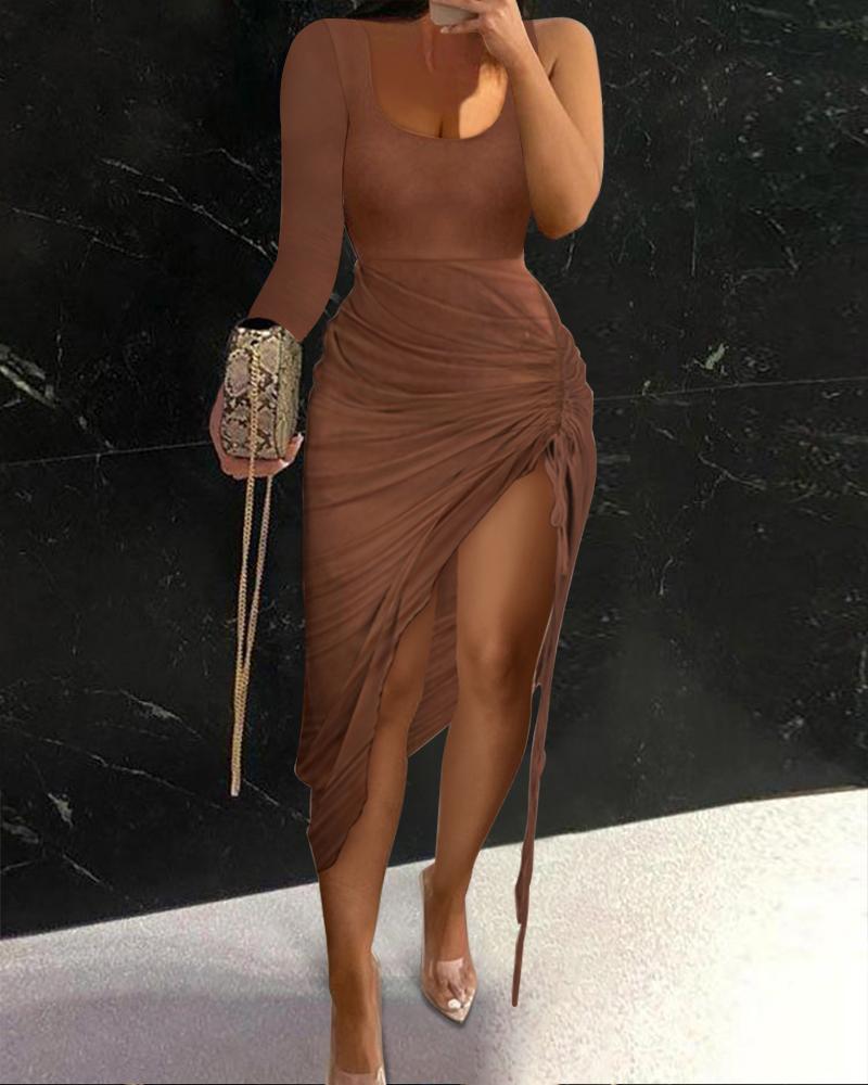 

Solid Color Drawstring Ruched High Slit Bodycon Dress, Brown